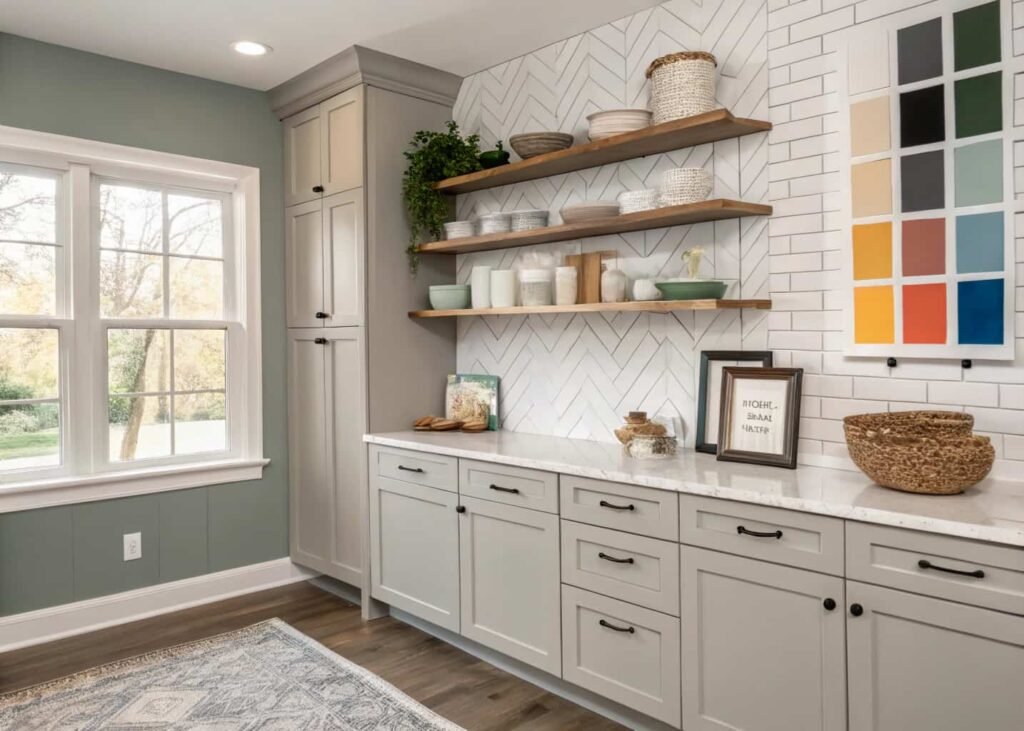 Kitchen in progress with styled open shelving decor and paint samples taped to the wall during a renovation