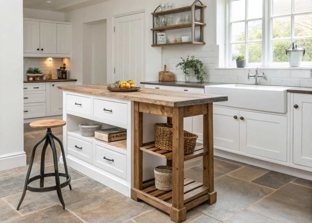 Modern kitchen mixed with a reclaimed wood shelf and vintage stool