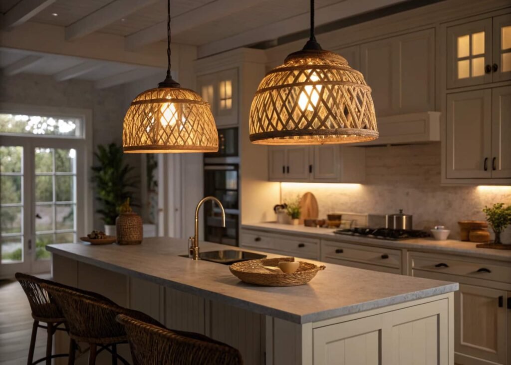 Woven rattan pendant lights over a kitchen island, a 2026 lighting trend