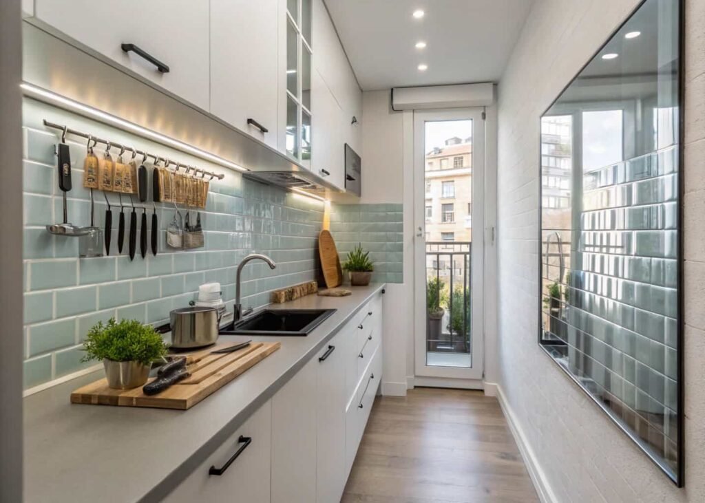 Small kitchen decorating tricks using wall-mounted knife strip and reflective backsplash