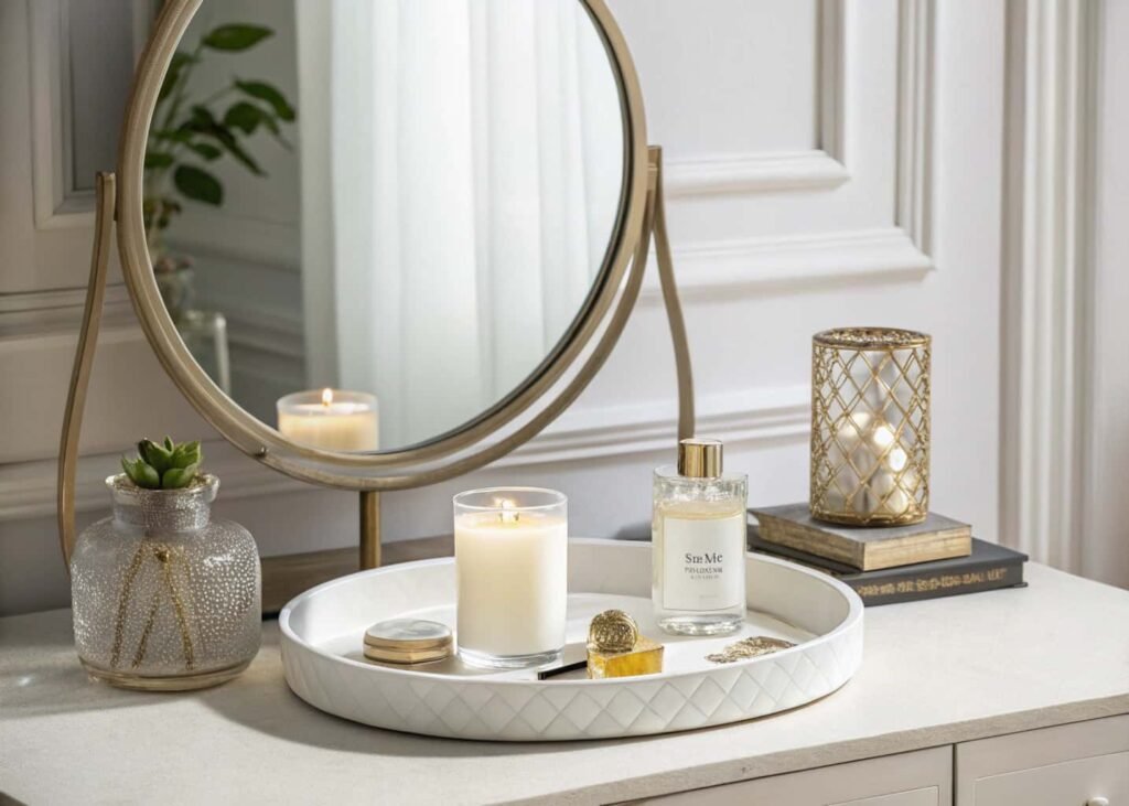 Styled vanity corner with round mirror and minimal decor in aesthetic bedroom