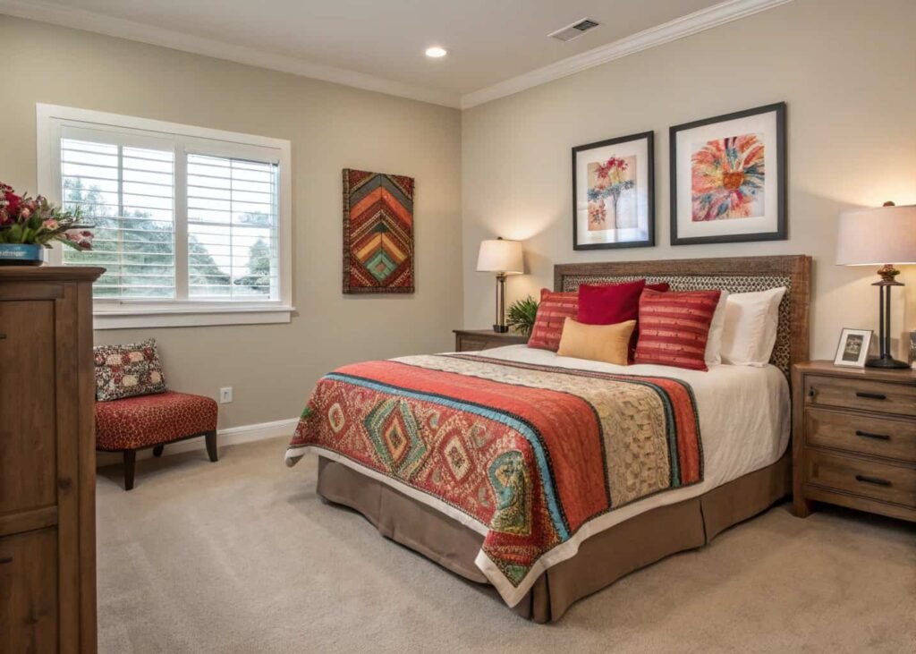 Neutral bedroom base styled with swappable bold accents for resale value