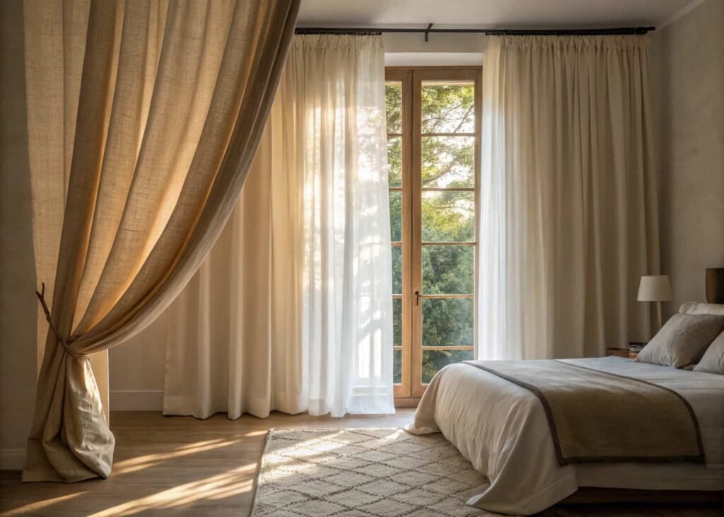 Floor-length linen curtains in a beginner bedroom window
