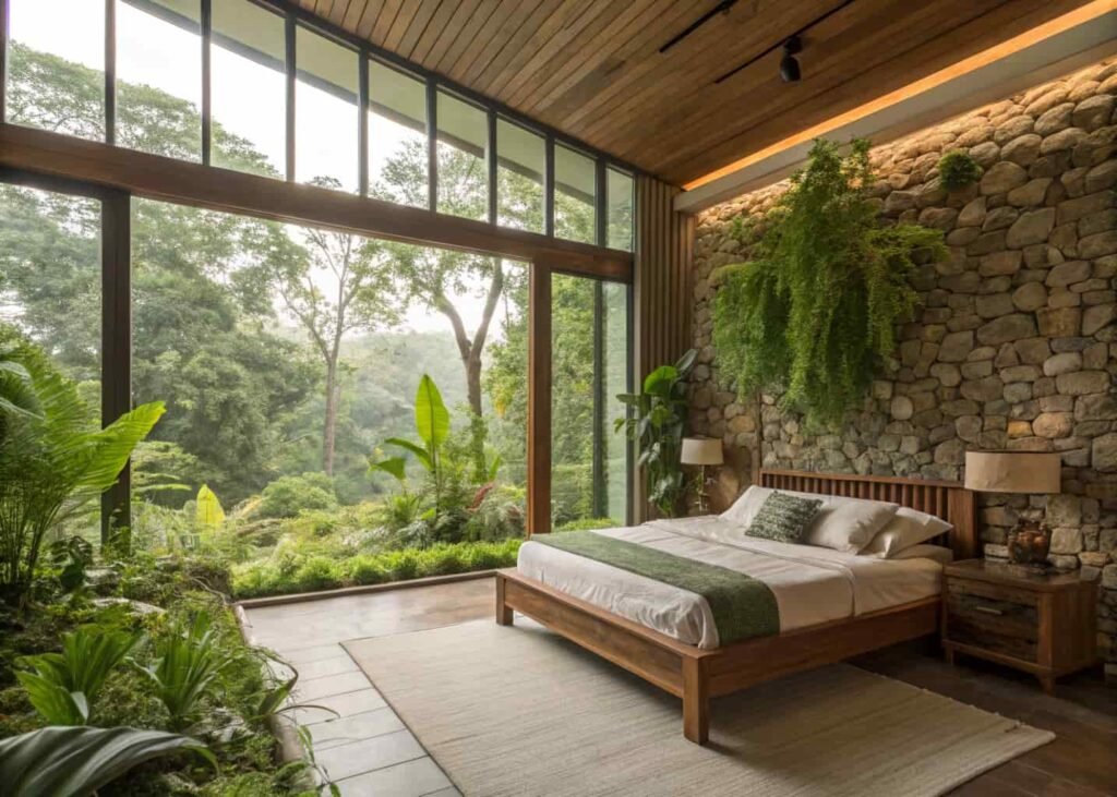 Nature-inspired biophilic bedroom with plants and organic wood textures