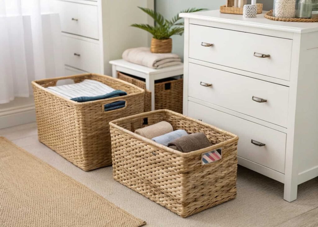 Woven rattan storage baskets styled beside a bedroom dresser