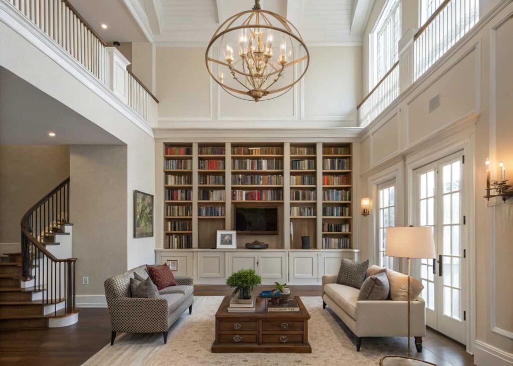 Duplex living room design with tall furniture matching high ceilings.