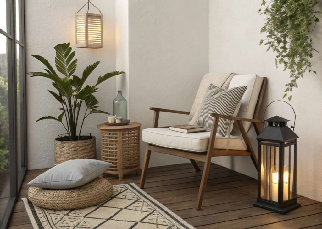Terrace styling formula with chair, lantern, plant and cushion