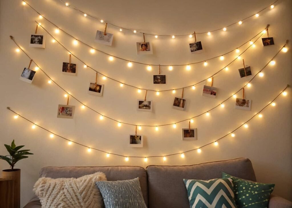 warm white string lights arranged in a wave pattern on a living room wall with small clip photos