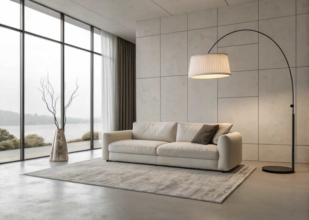 Minimalist living room with a low-profile sofa and generous open floor space.