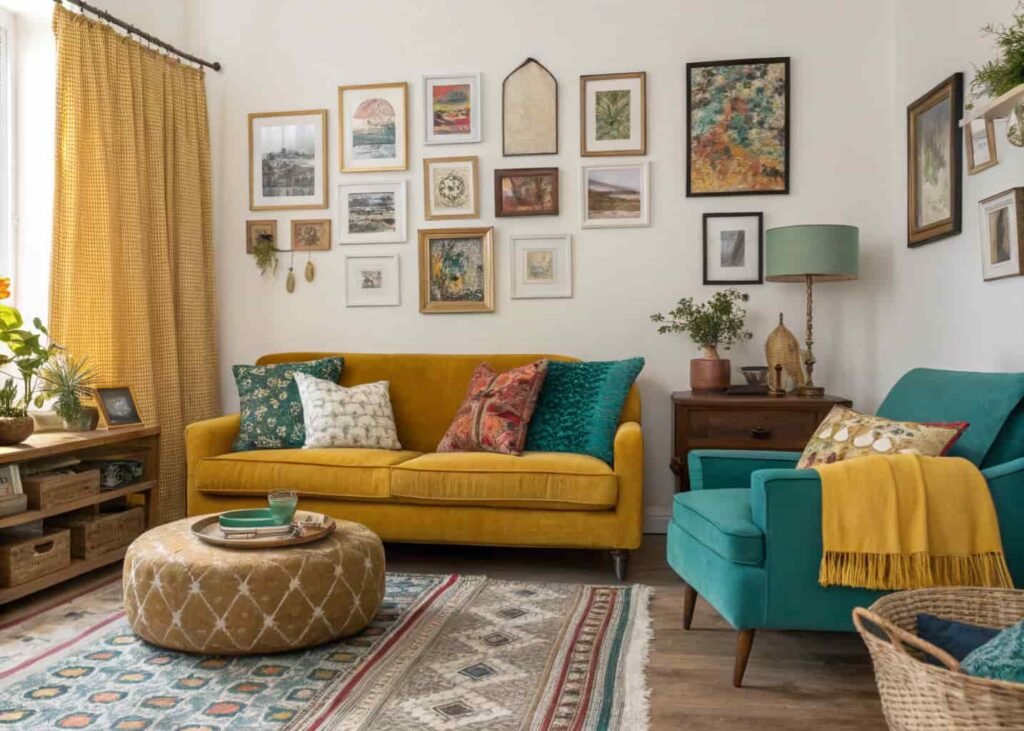 Eclectic living room with mismatched furniture unified by a repeated color palette.