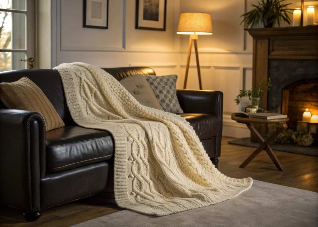 Chunky knit throw blanket draped over the arm of a leather sofa.