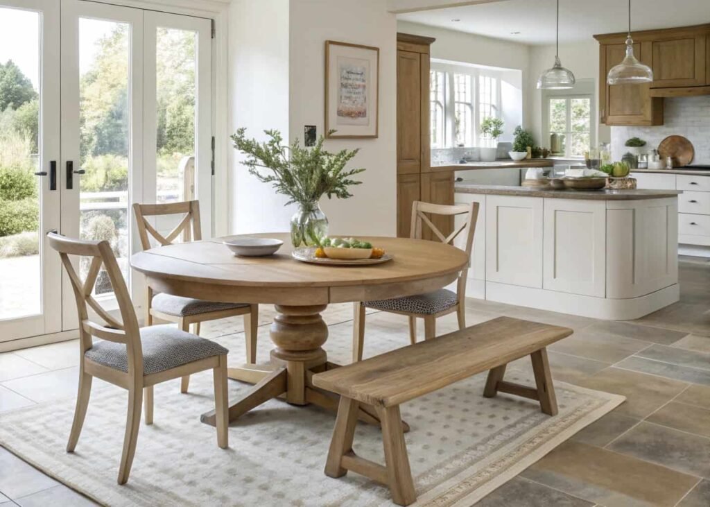 Multi-functional dining table setup with bench seating in an open layout
