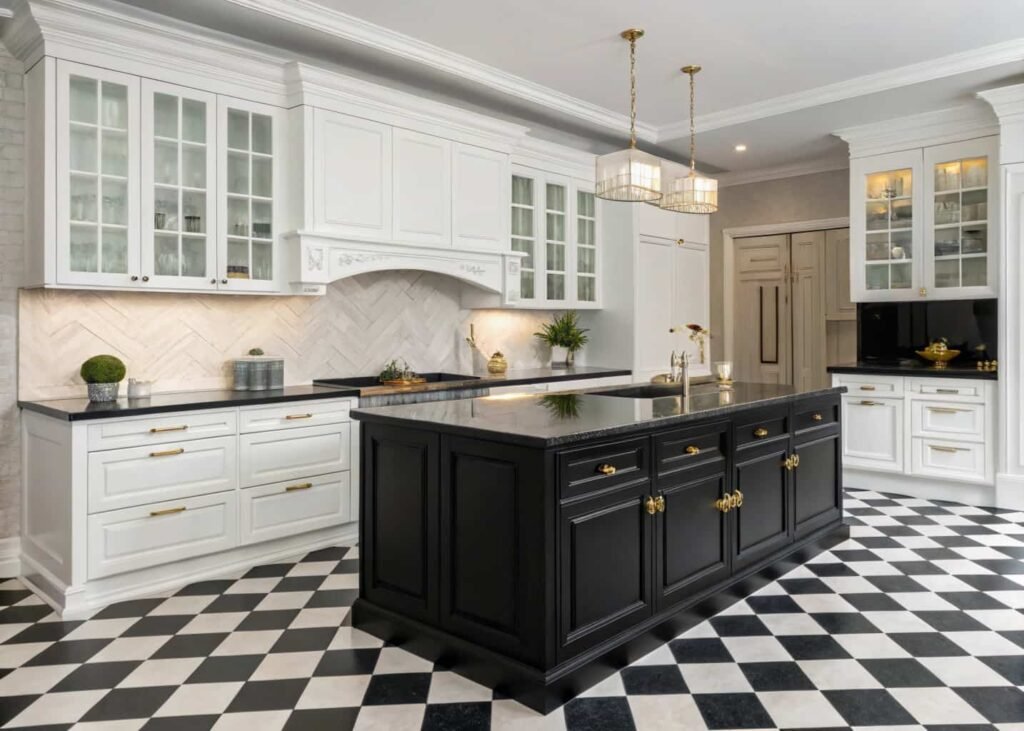 Black and white classic kitchen with checkerboard flooring and black island