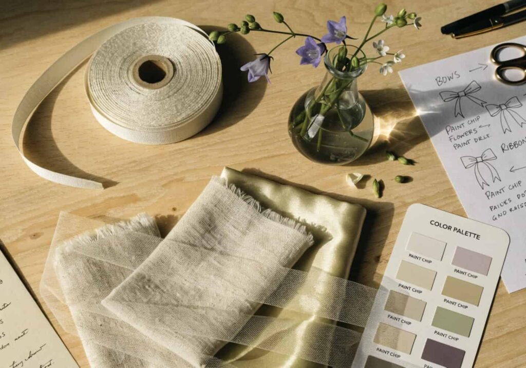 Fabric swatches and flowers arranged together to plan a wedding color palette.
