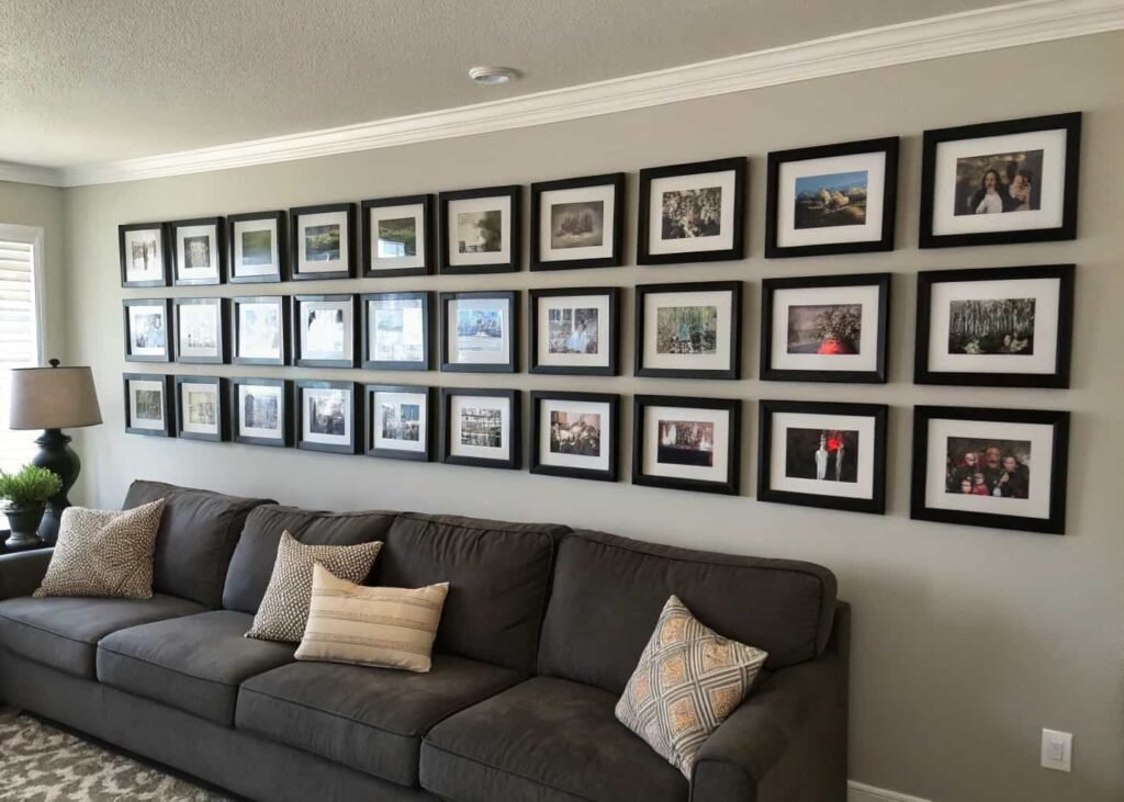 uniform grid of black frames with family photos arranged in even rows on a living room wall