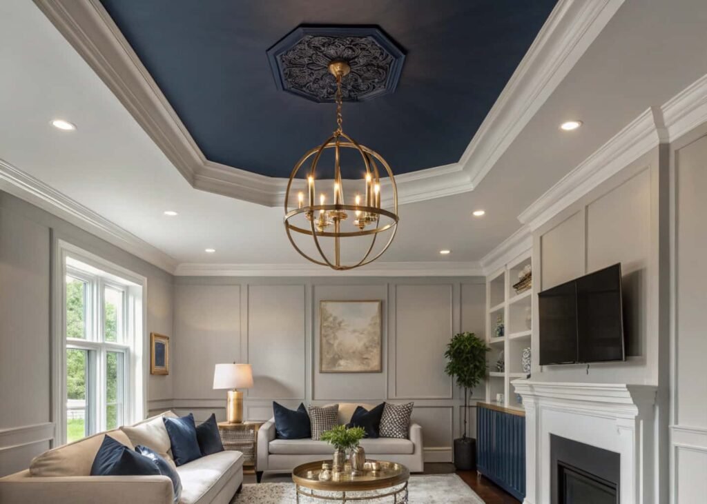 Living room with a statement navy ceiling contrasting lighter walls below.