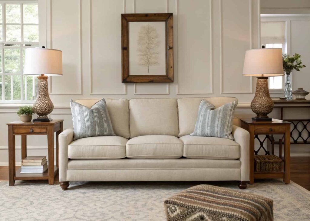 Transitional living room with a rolled-arm sofa in plain fabric and clean-lined side tables.