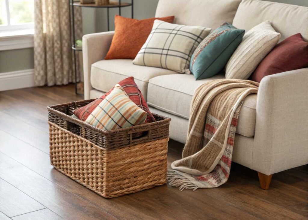 Storage basket with folded seasonal throw pillows and a table runner.