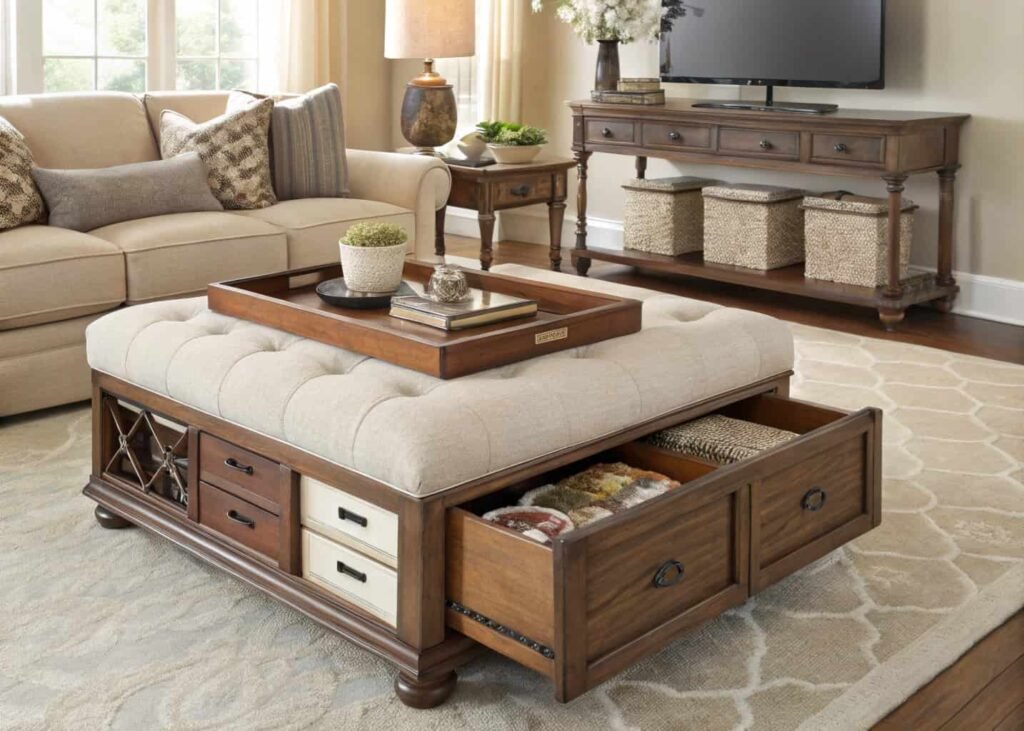 Hidden storage solutions in an open concept living room and kitchen