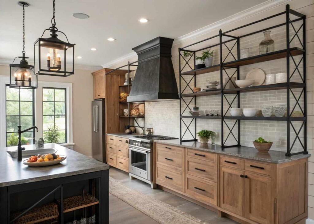 Kitchen mixing farmhouse cabinets with industrial metal shelving and lighting