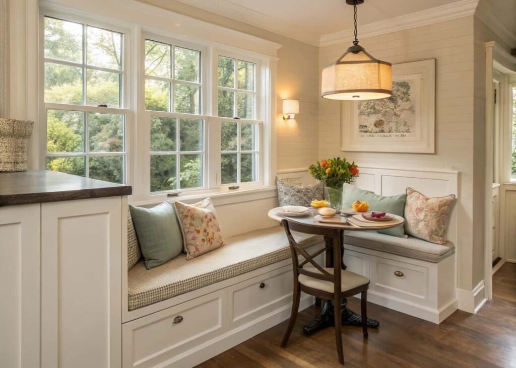 Built-in breakfast nook with cushioned bench in kitchen corner