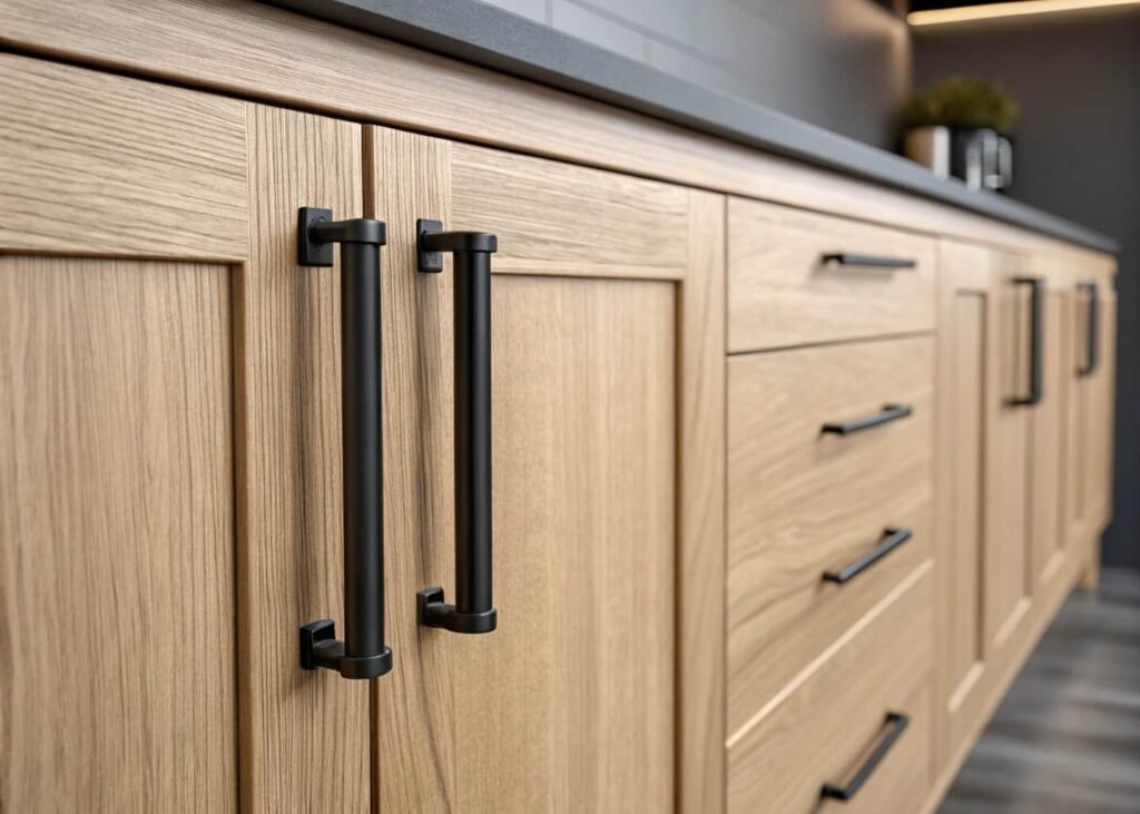 Budget kitchen upgrade shown through new matte black cabinet hardware pulls