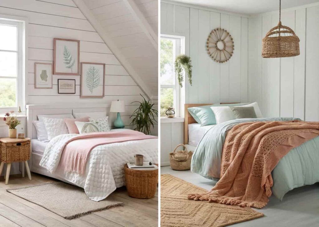 Seasonal bedroom styling comparison with linen throw versus chunky knit throw