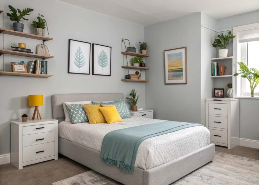 Bedroom color story using a 60-30-10 dominant, secondary, and accent color ratio
