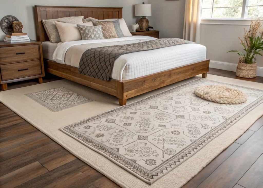 Layered neutral and textured rugs in a beginner bedroom