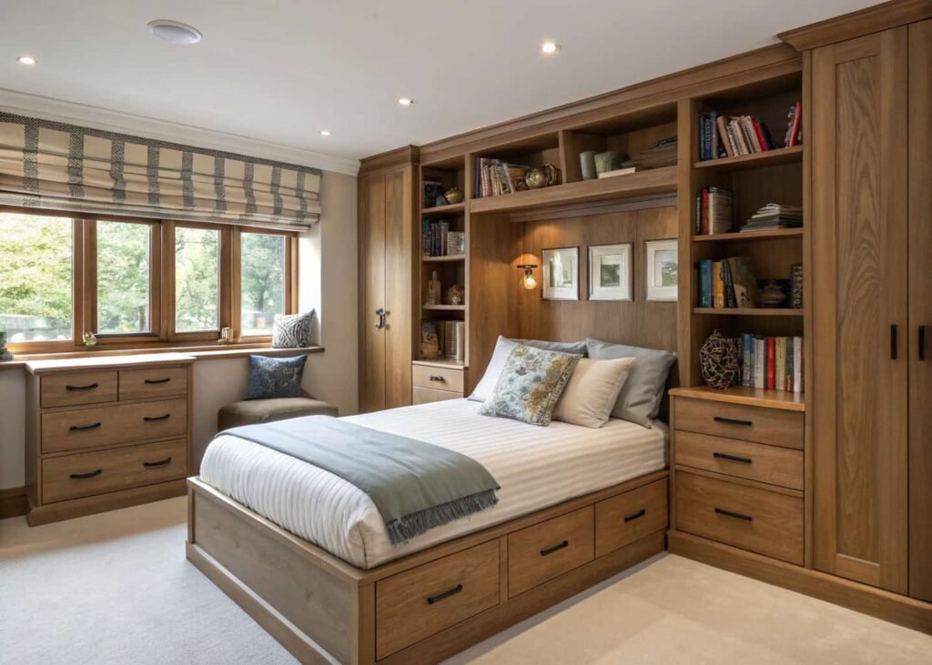 Bedroom built-in storage with wardrobe shelving and under-bed drawers
