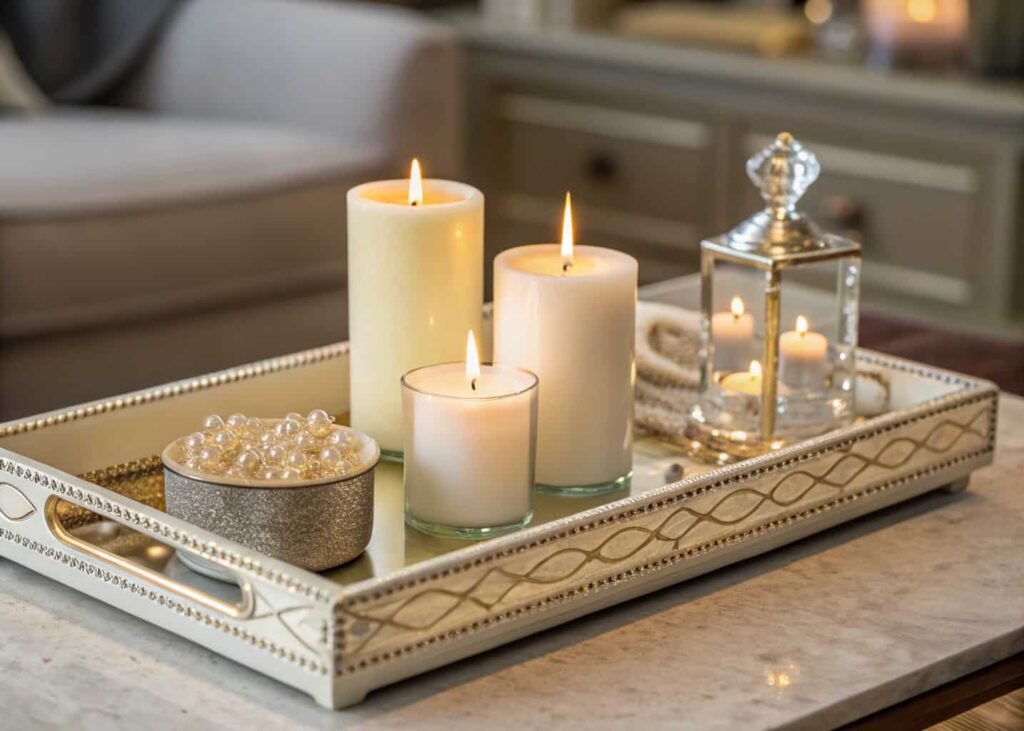 Styled tray with candles of varying heights on a bedroom dresser