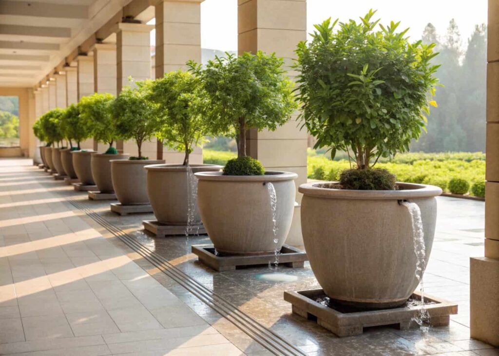 Large terrace planters spaced out on raised feet for better drainage