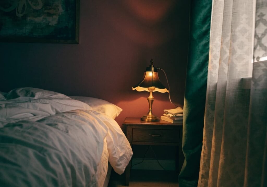 Dark jewel-toned bedroom corner with warm ambient lighting