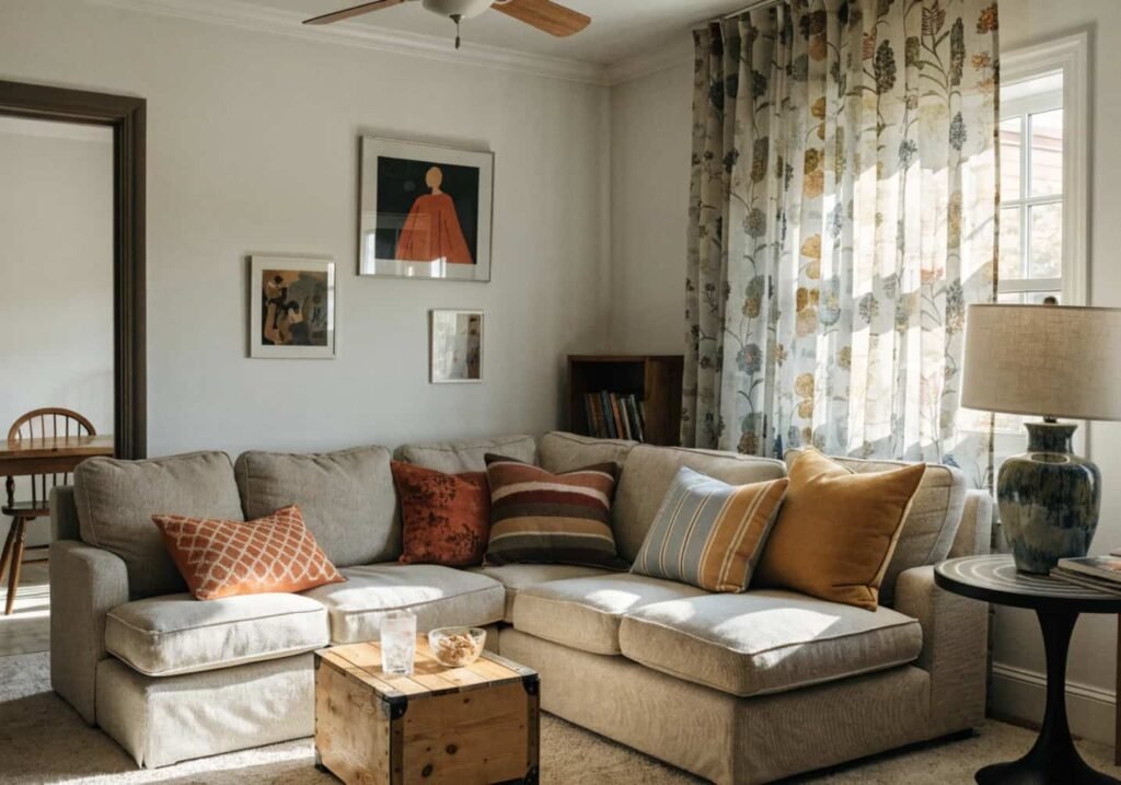 Budget-friendly sectional sofa layout styled with affordable decor updates