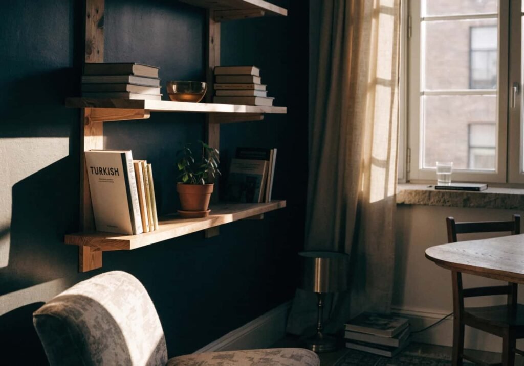 Matte black accent wall paired with natural wood shelves in a warm, sunlit living room corner.
