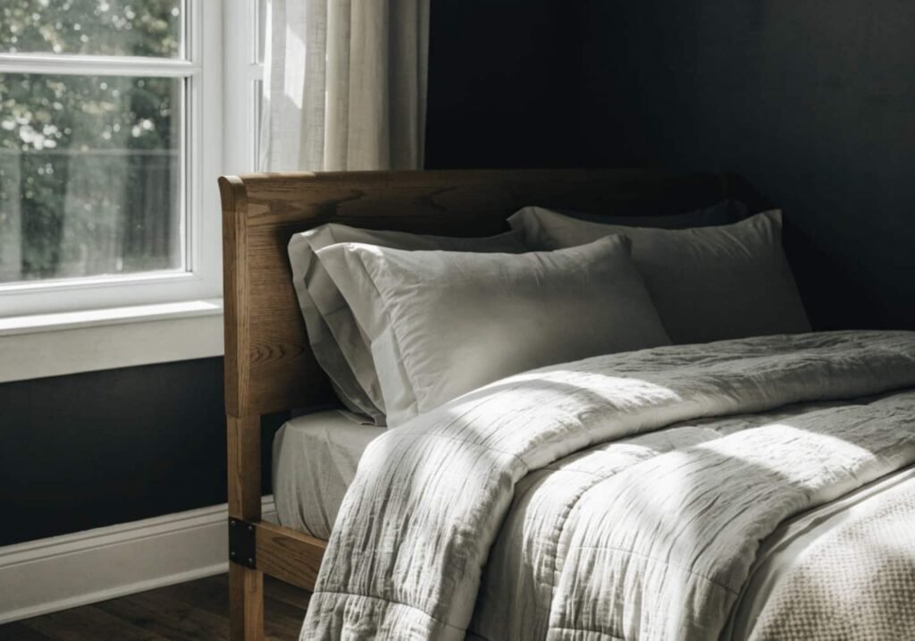 Bed positioned against a black feature wall with a wooden headboard and natural light.