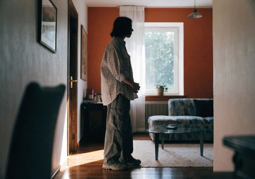 Person viewing a terracotta accent wall from the living room entrance