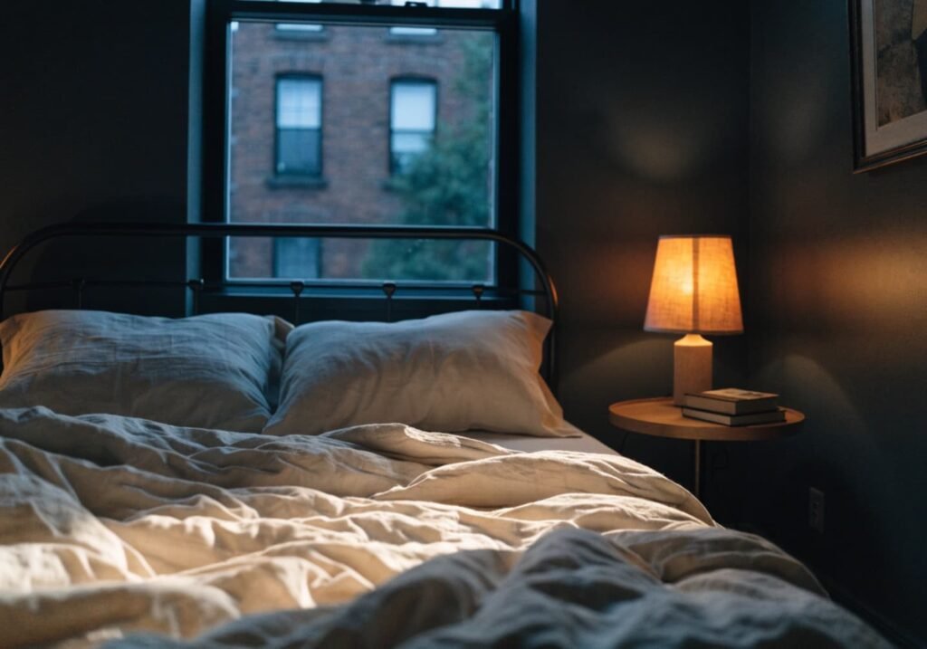 Dark charcoal bedroom walls with warm lamp light creating a restful, sleep-friendly atmosphere