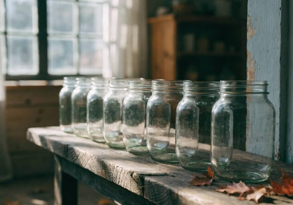 Empty mason jars lined up on a wood table before being turned into fall centerpieces