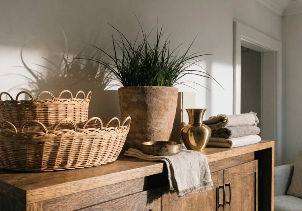 Gray boho decor elements including rattan, terracotta, and brass accents