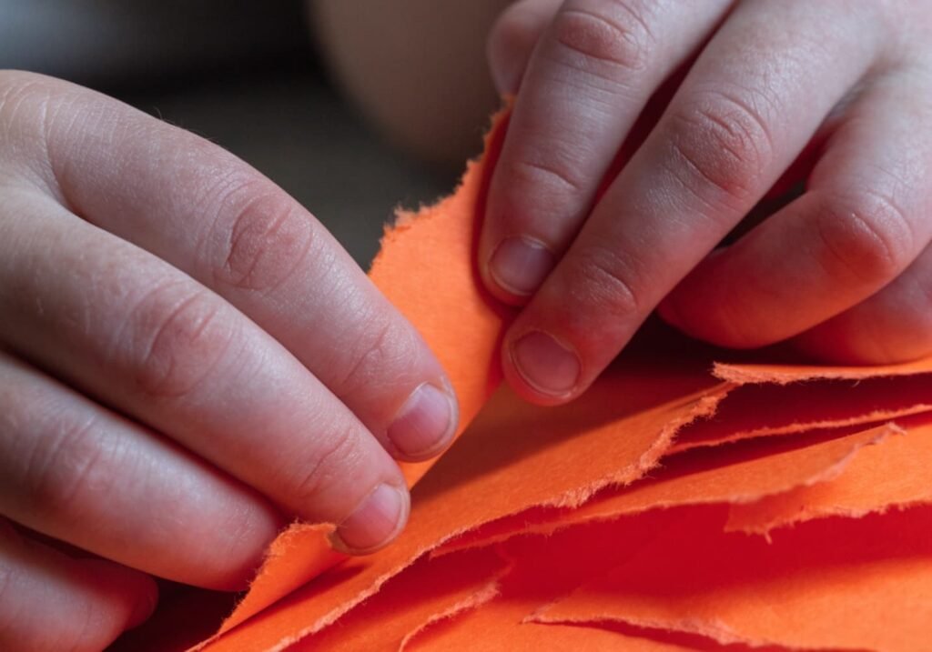 Close-up of a child's hands tearing orange paper for a fall craft project.
