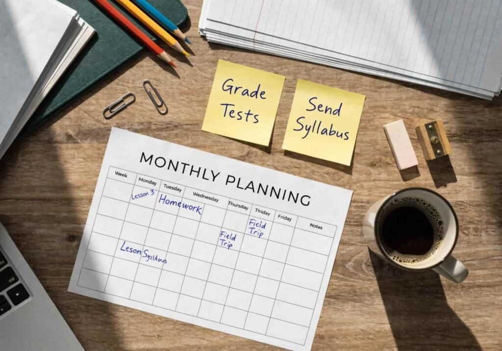 Teacher's desk with a printed November lesson planning grid and colored pencils