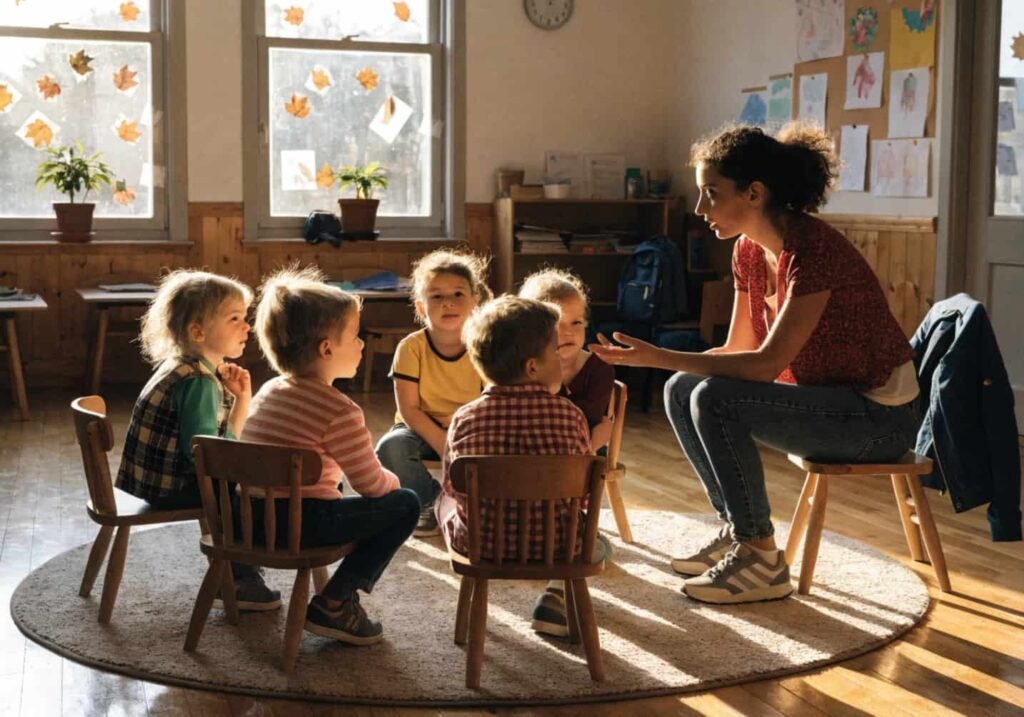 Kindergarten classroom during a November afternoon circle time lesson