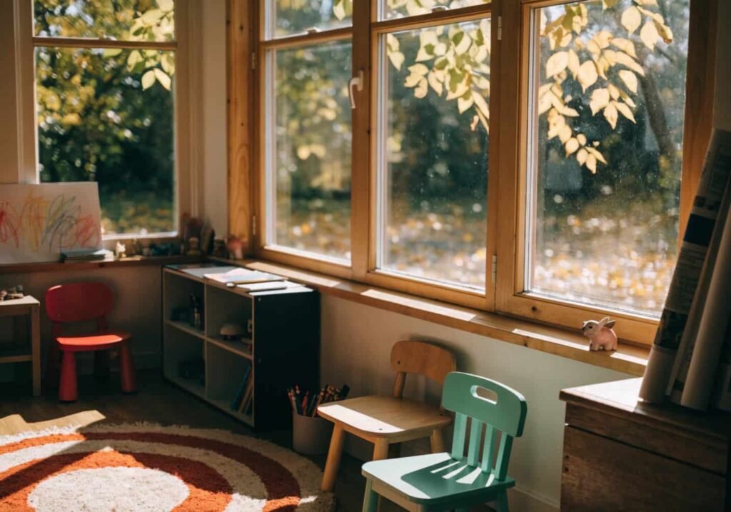 Kindergarten classroom with autumn leaves visible through the window, warm fall lighting.