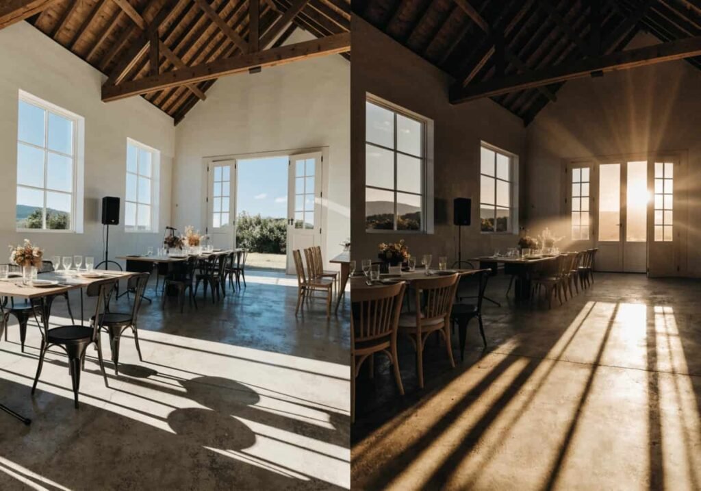 A wedding barn venue shown in different lighting to illustrate how color reads at different times of day.