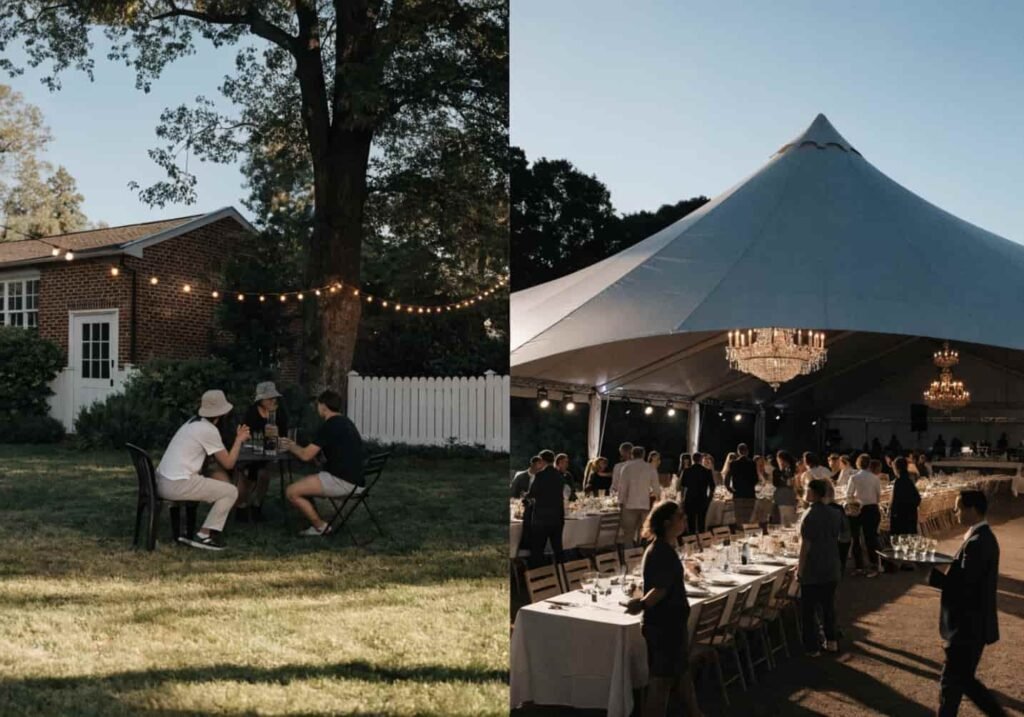 Comparison of a small backyard reception versus a large tented wedding event.