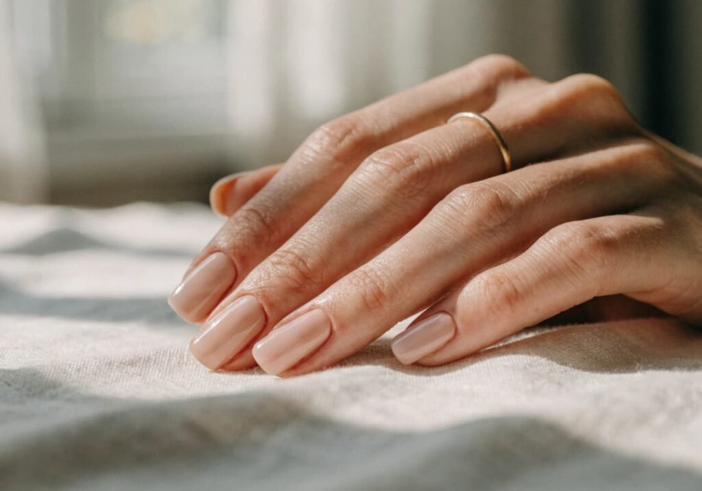 Close-up of a quiet luxury manicure in flawless nude polish on linen fabric