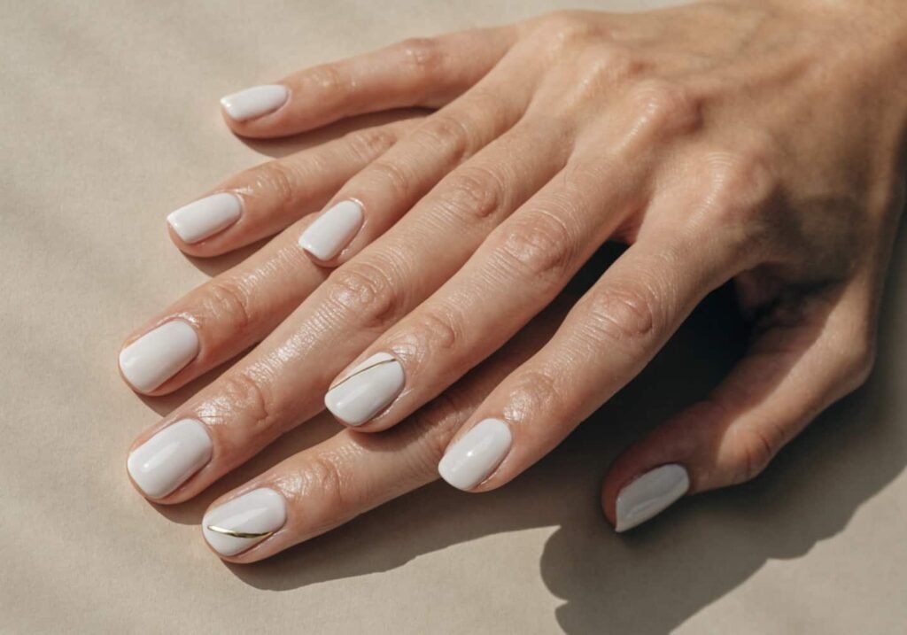 Minimalist elegant manicure with one gold accent nail on a milky white base.