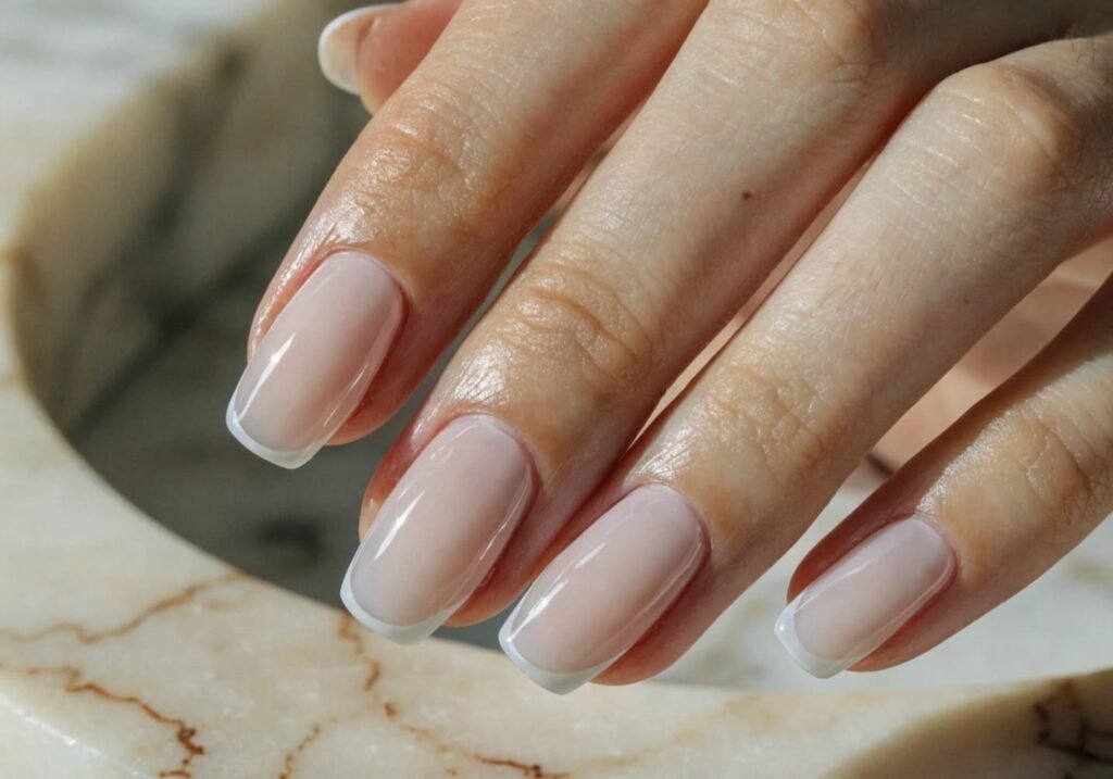 Woman's hand showing a modern micro-French manicure with glossy milky-white nail polish