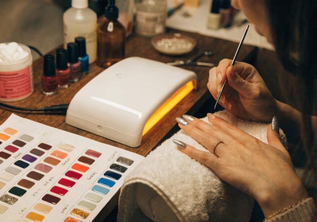 Nail technician workstation with UV lamp and polish swatches during a manicure